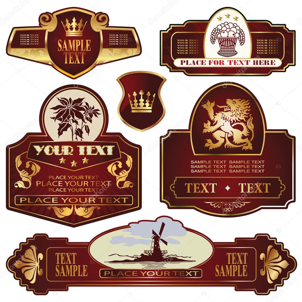 Gold-framed labels on different topics