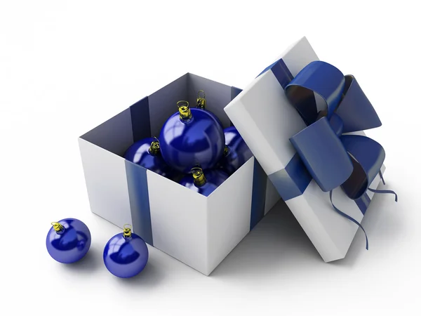 Caixa de presente branco com brinquedos de pele azul-árvore — Fotografia de Stock