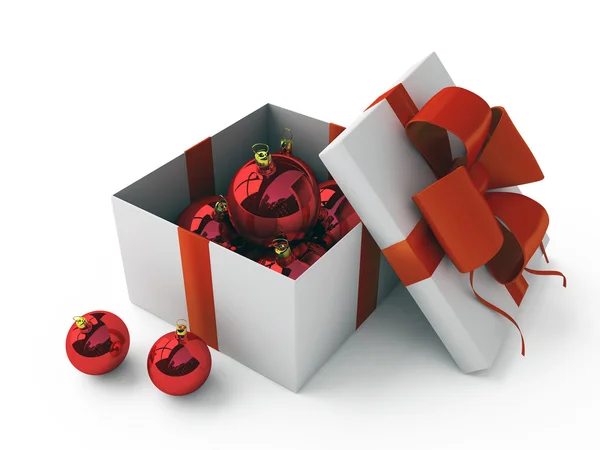 Scatola regalo bianca con giocattoli di pelliccia rossa — Foto Stock