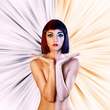 Beautiful naked woman holding something on hands. Colored as hot and cold. abstract background. clipart