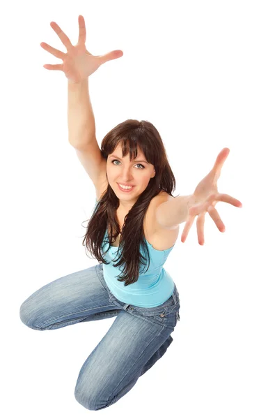 Beautiful woman showing hands up — Stock Photo, Image