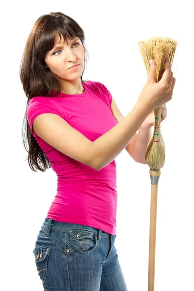 Woman housewife checking broom — Stock Photo, Image