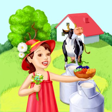 Little girl with summer fruits clipart