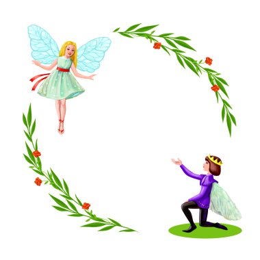 Prince and princess with green branches frame clipart