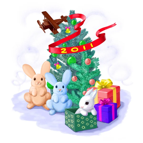 Щаслива новорічна картка з кроликами Стокова Картинка
