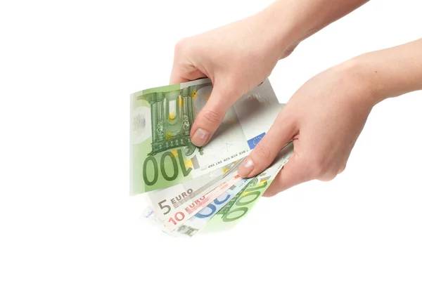 Банкнота евро крупным планом в руке — стоковое фото