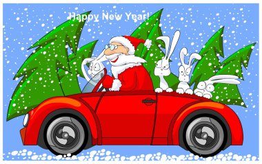 Santa Claus is riding on cabriolet with hares. clipart