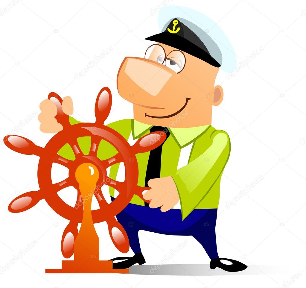Cartoon illustration of a ship captain at the helm. Isolated on white.