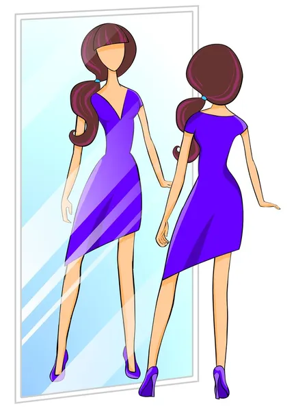 Ilustración Chica Vestido Mira Espejo — Foto de Stock