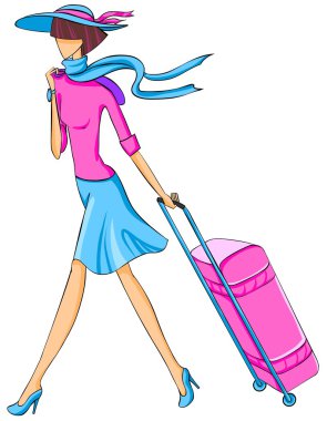 Illustration of elegant woman in hat travels with a suitcase.