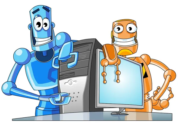 Dwie zabawne roboty z komputerem. — Zdjęcie stockowe