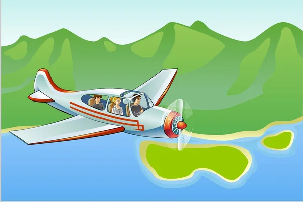 Ilustracja Podróżowania Samolotem Małe Góry Morze — Zdjęcie stockowe