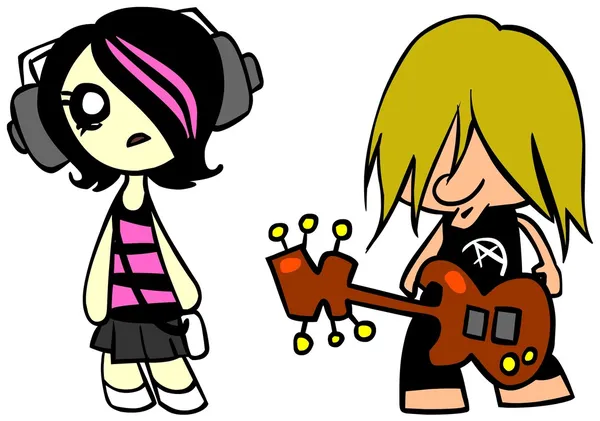 Emo 的女孩与一个播放器和一个人用一把吉他的卡通插图 — 图库照片
