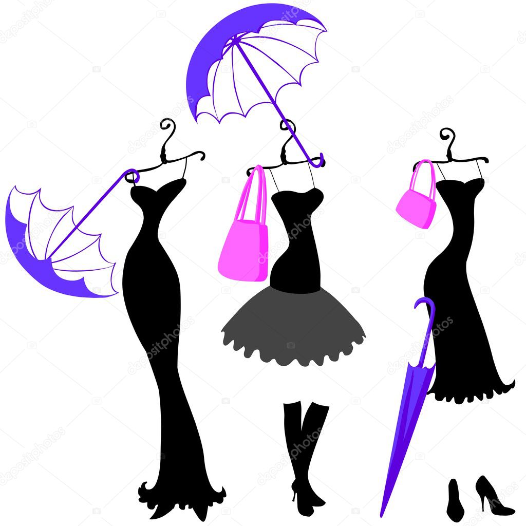 Illustration of cocktail dresses on hangers and accessories.