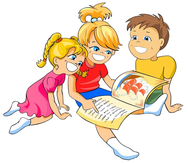 Иллюстрация Счастливых Девочек Мальчика Читающих Книгу — стоковое фото