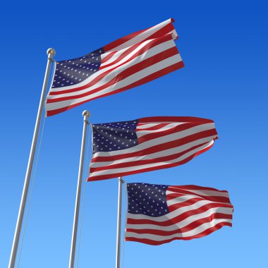 Three flags of USA against blue sky. clipart