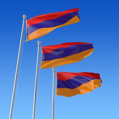 Three flags of Armenia against blue sky. clipart