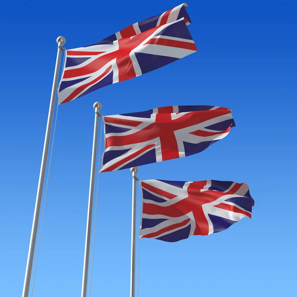 Три Флага Великобритании Флагштоком Размахивающим Ветру Против Голубого Неба Иллюстрация — стоковое фото