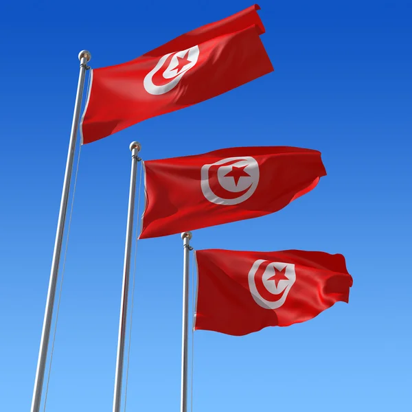 Tres Banderas Túnez Con Asta Bandera Ondeando Viento Contra Cielo —  Fotos de Stock