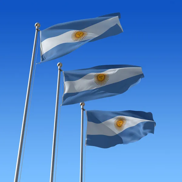 Tre Flaggor Argentina Med Flaggstång Vajande Vinden Mot Blå Himmel — Stockfoto