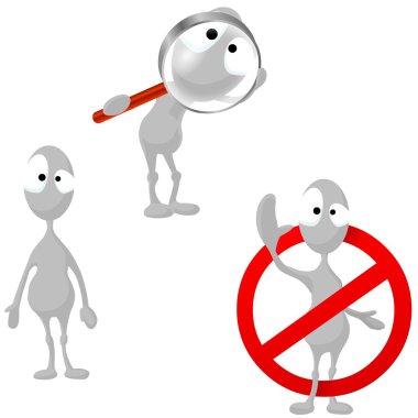 Illustration of three different aliens: alien, alien with magnifying glass, alien STOP you from doing the wrong. clipart