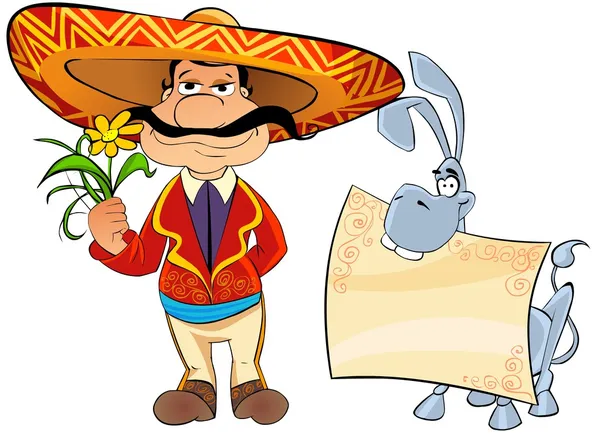 Tarjeta Felicitación Hombre Mexicano Con Una Flor Burro Con Una — Foto de Stock