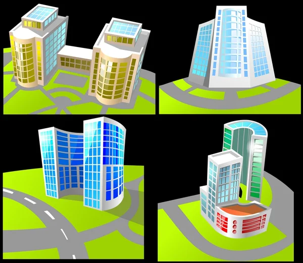 Set Four Different Buildings Black Background Cartoon Style — Stock Photo, Image