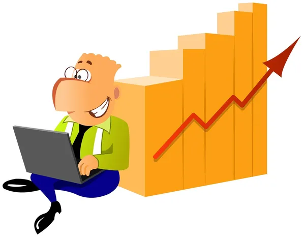 Affärsman med laptop nära diagrammet av framgång. — Stockfoto