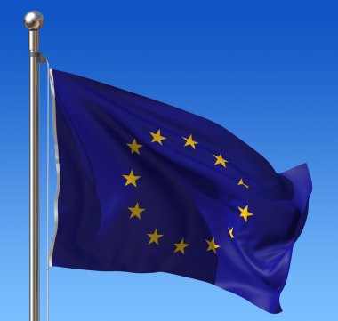Mavi gökyüzü karşı rüzgarda sallayarak bayrak direği ile Avrupa Birliği bayrağı. üç boyutlu görüntü oluşturma illüstrasyon.