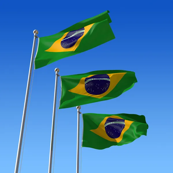 Kolme Brasilian Lippua Lippu Heiluu Tuulessa Sinistä Taivasta Vasten Kolmiulotteinen — kuvapankkivalokuva