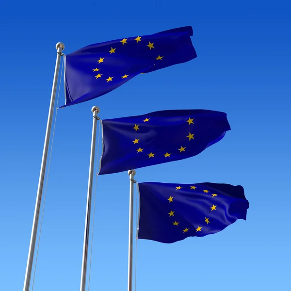 Kolme Euroopan unionin lippua vastaan sininen taivas. 3d kuva . — kuvapankkivalokuva