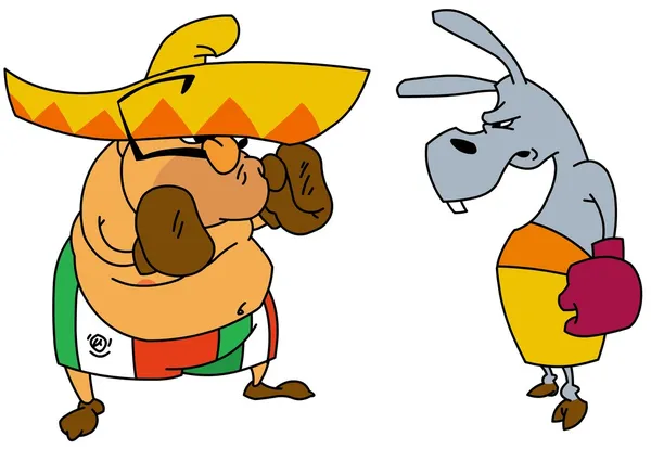 墨西哥人和驴拳击手的例证 在白色隔离 — 图库照片