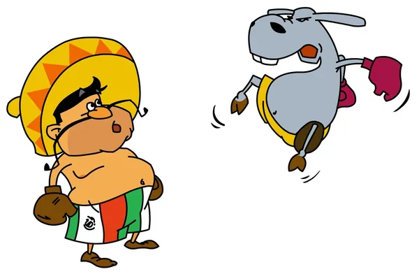 Illustration of Mexican man and donkey boxers. Isolated on white.
