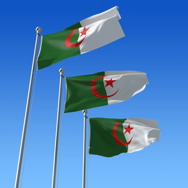 Tre flaggor som Algeriet mot blå himmel. 3D illustration. — Stockfoto