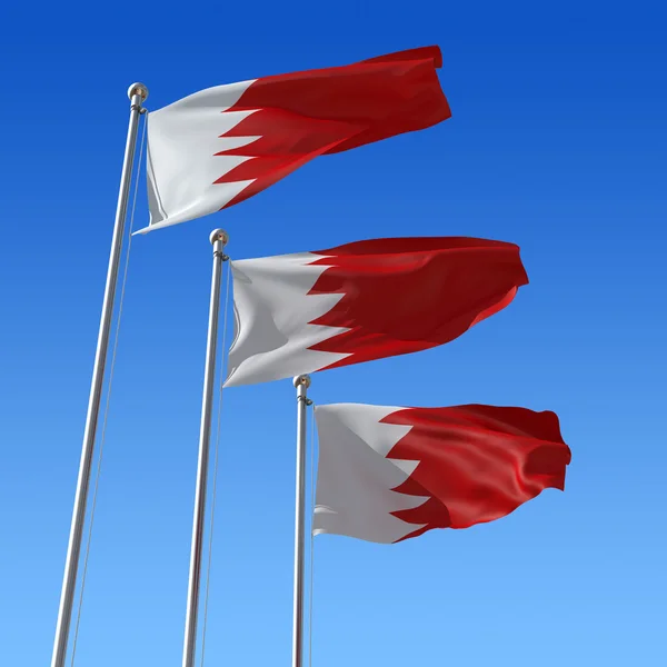 stock image Three flags of Bahrain against blue sky. 3d illustration.