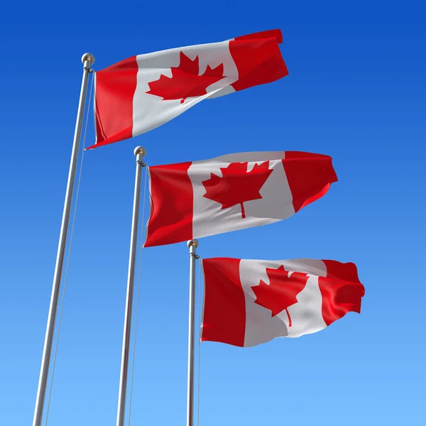 Drie vlaggen van canada tegen blauwe hemel. 3D illustratie. — Stockfoto