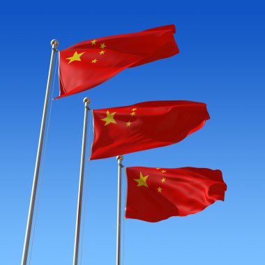 Three flags of China against blue sky. 3d illustration. clipart