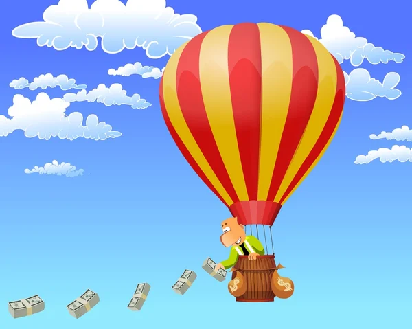 Businessman in a hot air balloon throwing money. — Stock Photo, Image