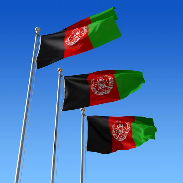 stock image Three flags of Afghanistan against blue sky. 3d illustration.