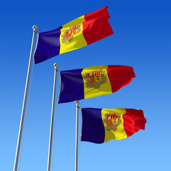 Tres banderas de Andorra contra el cielo azul. ilustración 3d . — Foto de Stock