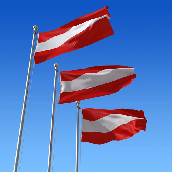 Tre flaggor av Österrike mot blå himmel. 3D illustration. — Stockfoto