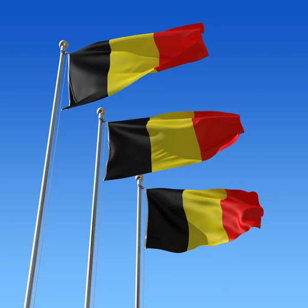 Three flags of Belgium against blue sky. 3d illustration. — Stock Photo, Image