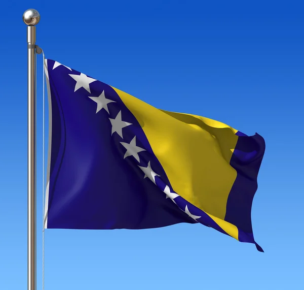 Bosznia-Hercegovina zászlaja kék ég ellen. — Stock Fotó