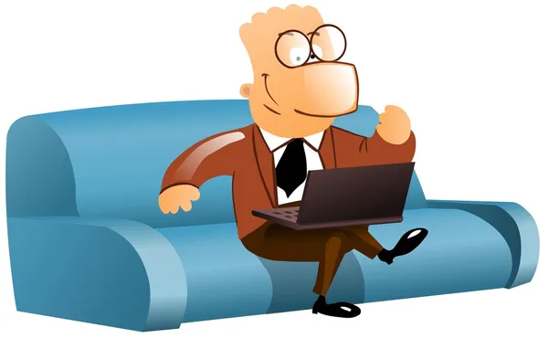 Happy businessman on sofa with laptop — Stock Photo, Image
