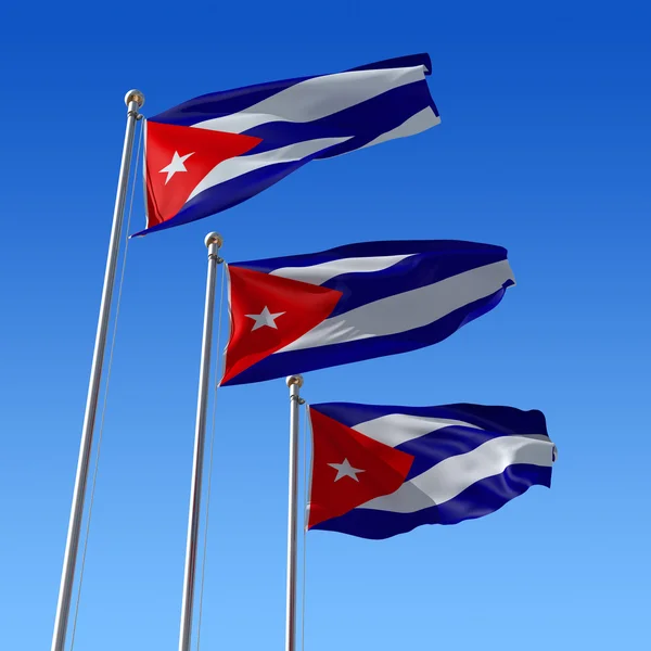 Tre flaggor som Kuba mot blå himmel. 3D illustration. — Stockfoto