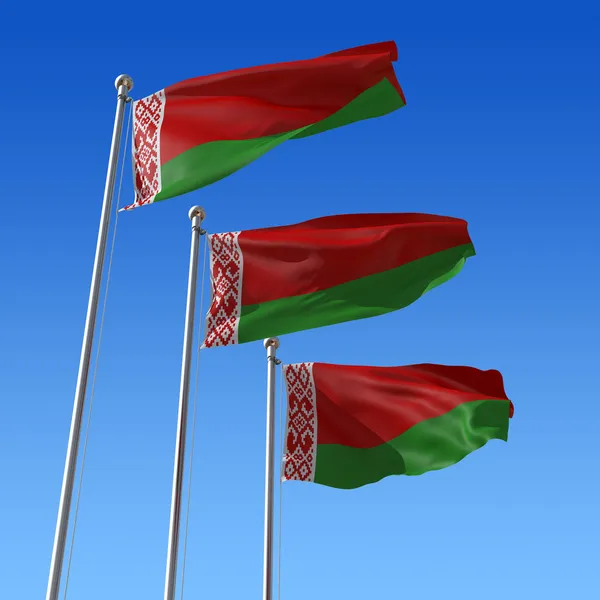 Tre flaggor i Vitryssland mot blå himmel. 3D illustration. — Stockfoto