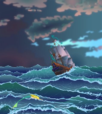 Fairy tale 4. Ship during storm. clipart