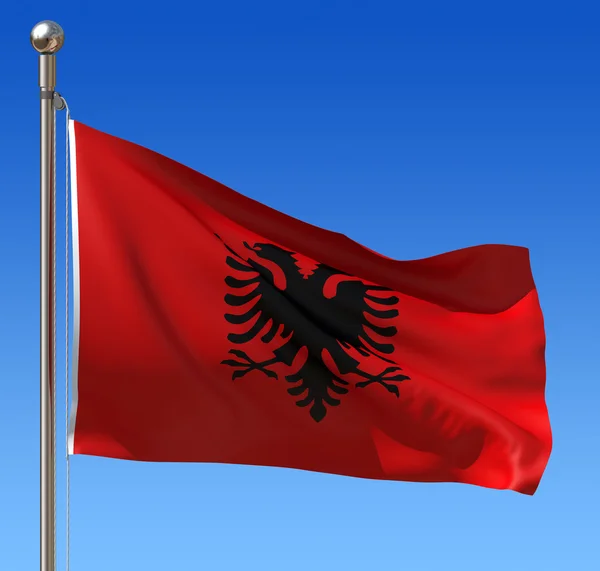 Σημαία της Αλβανίας κατά της μπλε του ουρανού. 3D απεικόνιση. — Φωτογραφία Αρχείου
