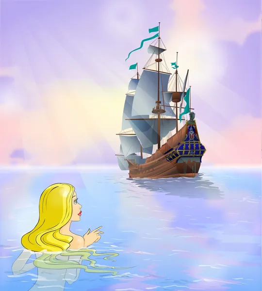 Fairy tale 2. Mermaid looks at a ship. — Stock Photo, Image