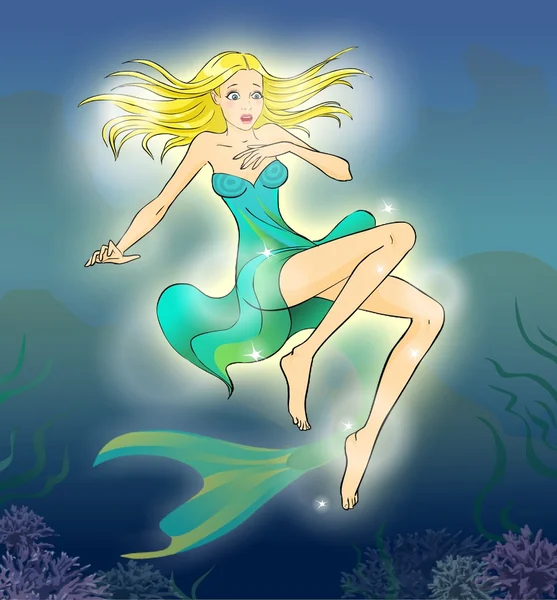 Fairy tale 7. Mermaid suprized by her legs. — Stock Photo, Image